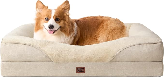 EHEYCIGA Orthopedic Dog Bed for Medium Dog, Memory Foam Dog Couch, Beige | 35x22 Inch Dog Sofa with Sides, Waterproof Liner & Washable Removable Cover, Bolster Pet Couch