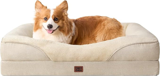 EHEYCIGA Orthopedic Dog Bed for Medium Dog, Memory Foam Dog Couch, Beige | 35x22 Inch Dog Sofa with Sides, Waterproof Liner & Washable Removable Cover, Bolster Pet Couch