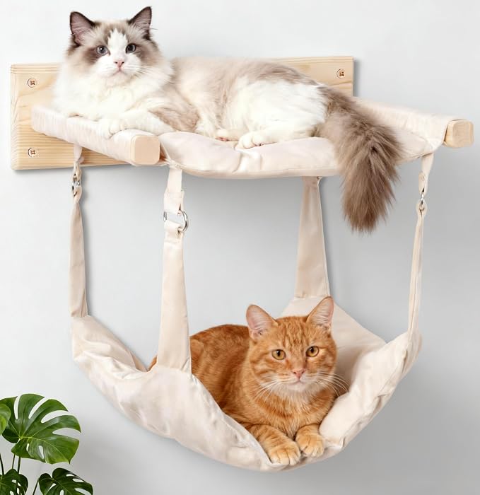 JSPYFITS Wooden Cat Furniture Wall Mounted, Double Layer Hammock, Large Size 18.9″ Removable Multi-Function Cat Bed for Sleep/Play/Climb, Kitten Window Perch, Easy DIY Installation(Beige)