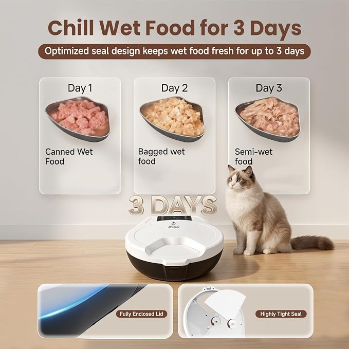 Automatic Cat Feeder Wet Food, Semiconductor Cooling & Heating 3 Days Fresh | 5 Meals Timed Cat Feeder with Stainless Steel Bowl, Easy to Clean, Programmable Wet Food Dispenser for Cat Dog