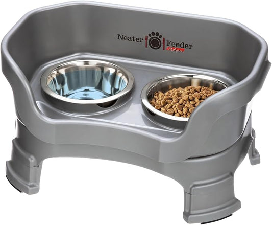Neater Feeder Deluxe Mess-Proof Elevated Cat Bowls, 2 Height Adjustable (6” & 7.5”) No-Spill Raised Cat Bowl Stand, Whisker Friendly Stainless Steel Dishes for Indoor Cats, Made in USA, Gunmetal