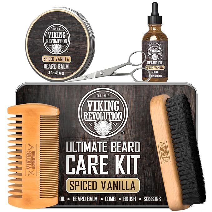 Viking Revolution - Ultimate Beard Kit Spiced Vanilla - Beard Grooming Kit for Men with Beard Brush, Beard Comb, Beard Balm, Beard Oil, Beard and Moustache Scissors - Husband Gifts for Men