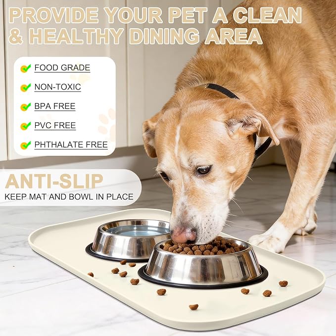 SMILOOL Waterproof Silicone Pet Food Mat with Raised Edge for Dog & Cat | 24" x 16" Non-Slip Pet Feeding Mats with Lip for Food & Water Bowl, Food Grade, Easy Cleaning, White Sand