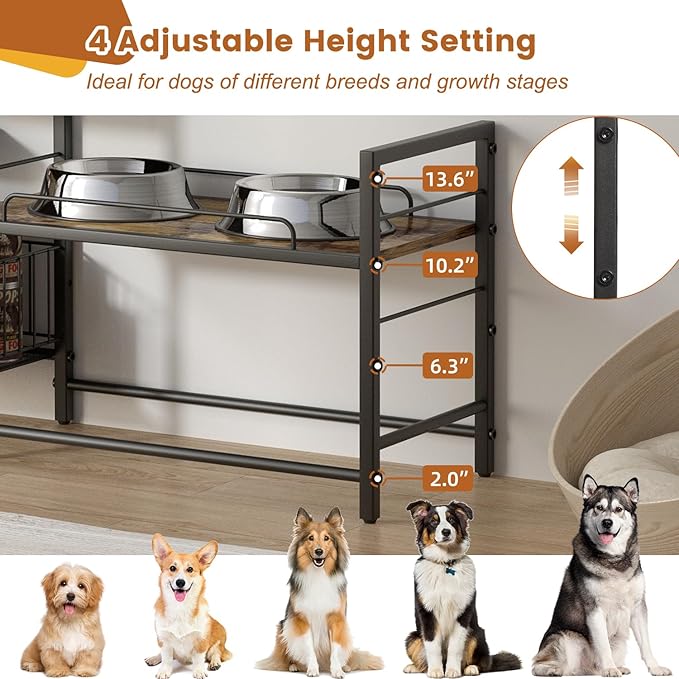 Lomivra Elevated Dog Bowl Stand with Toy Bin Basket, 4 Height Adjustable Raised Feeding Station Cabinet, Lifted Food and Water Bowl Holder, Pet Storage Organizer for Large Medium Small Dogs
