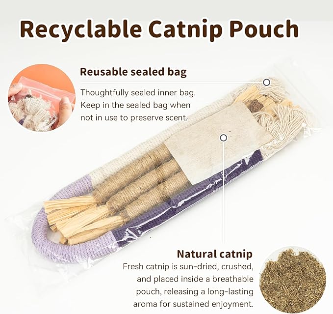 Cat Toys for Indoor Cats, 3 Pcs Silvervine Sticks with Gall Fruit & 1 Pc Cat Chew Rope for Teeth Cleaning, Interactive Cat Toys with Catnip, Kitten Chew Toys Teething for All Breeds Purple