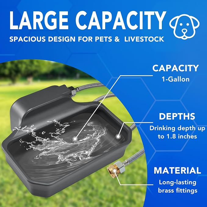 PETTEN Auto Fill Dog Water Bowl, Outdoor 1Gal/3.75L Automatic Dispenser | Auto-refill float valve,no electricity.3.75L for dogs/cats&livestock.3/4"GHT hose connection.Food-grade HDPE,durable