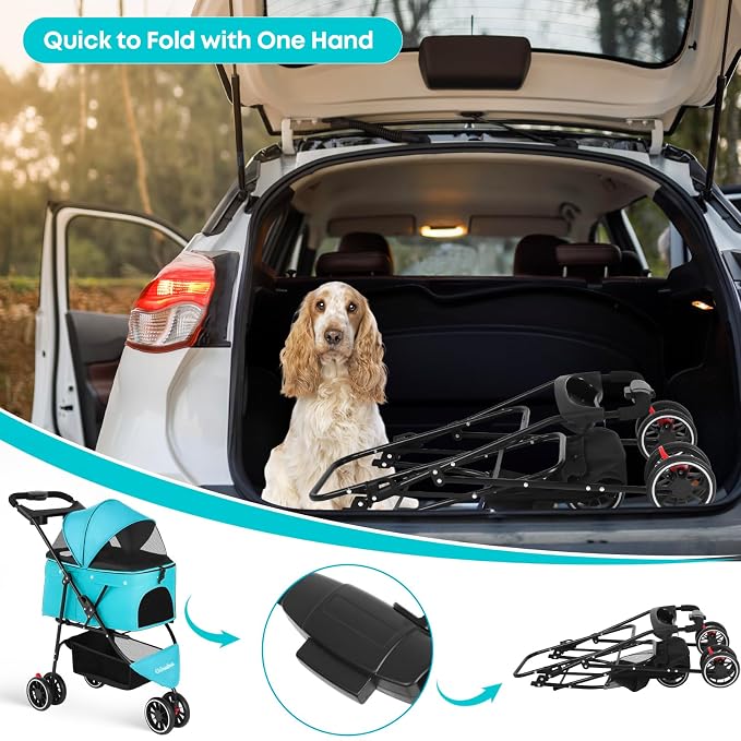 Pet Stroller,Dog Stroller for Small Medium Dogs Cats,3 Wheels,Mint Green | Foldable,with Breathable Mesh Canopy,Cup Holders,Easy Assembly