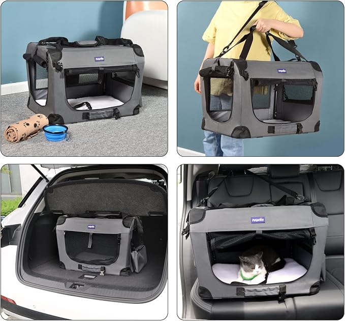 Petprsco Portable Collapsible Dog Crate, 24" Soft Dog Crate for Car Travel | Includes Mat, Blanket & Bowl, Strong Fabric, 4-sided Mesh Vents, 3 Doors, Fit Small Dogs & Large Cats Indoor and Outdoor Use