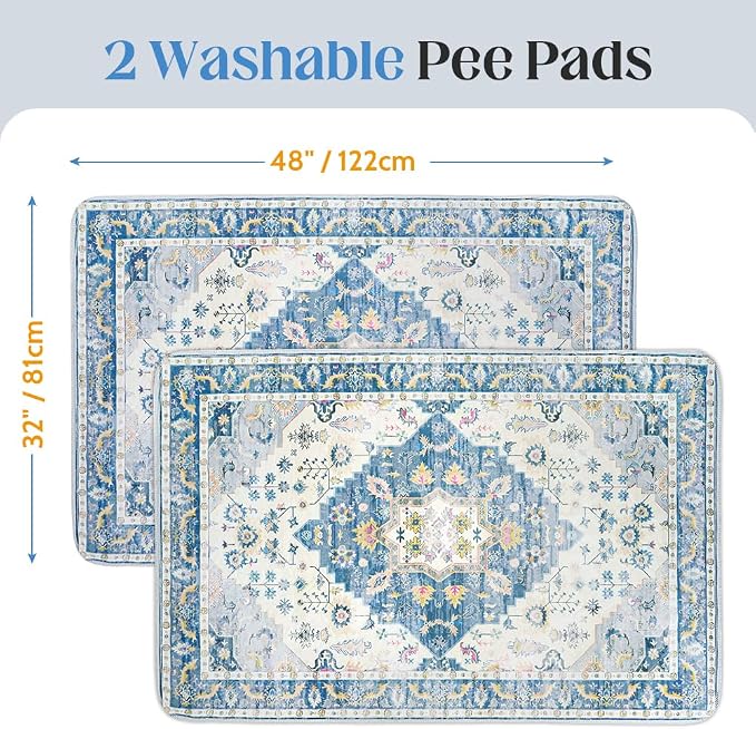 Washable Pee Pads for Dogs, 2 Pack Reusable Puppy Training Pads 48"x32" Super Absorbent Waterproof Dog Training Pads, Non-Slip Potty Pads, Whelping Pads Litter Mat Blue Medallion