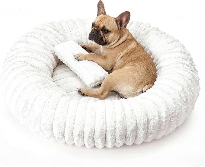Donut Dog Bed for Small & Medium Dogs, Pet Bed with Non-Slip Bottom, Winter Comfort Dog Beds for Puppies, Washable & Portable Egg Tart Shape (M) Medium Dog Bed self Warming