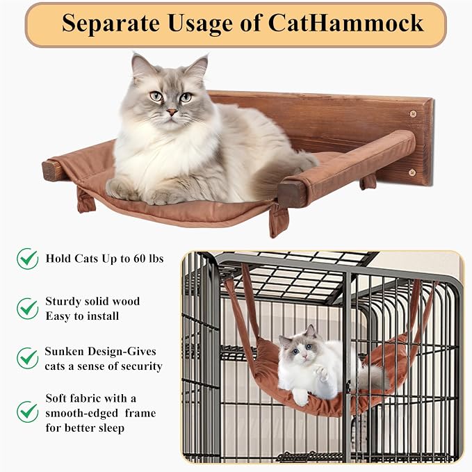 JSPYFITS Wooden Cat Furniture Wall Mounted, Double Layer Hammock, Large Size 18.9″ Removable Multi-Function Cat Bed for Sleep/Play/Climb, Kitten Window Perch, Easy DIY Installation(Brown)