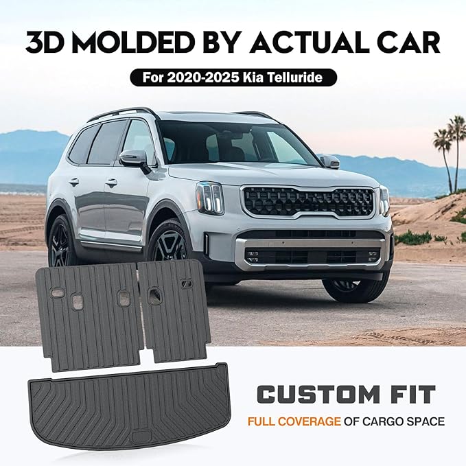KUST Cargo Mat for 2020-2025 Kia Telluride 7 Seats, Rubber Rear Trunk Liner with 2nd/3rd Row Backrest Kick Mat for Telluride Accessories High Edge Cover All Weather Protection