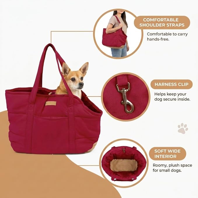 Plush Dog Purse Carrier for Small Dogs, Soft Dog Tote Bag with Safety Harness Clip, Cozy Pet Carrier for Dogs Under 15 lbs, Comfortable Dog Shoulder Carrier for Travel, Red