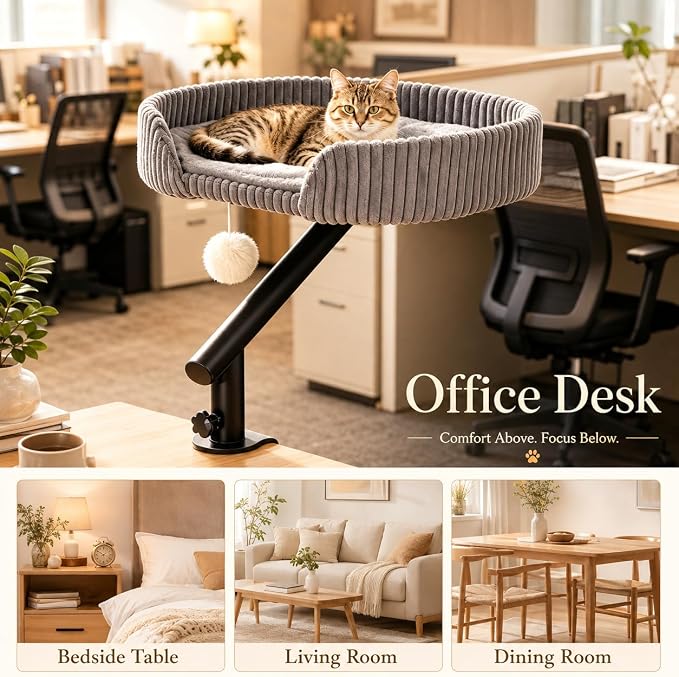 Cat Desk Bed with 3 Mats for All Seasons, 360° Rotating Adjustable | Clamp-On Desk Cat Bed with Reversible Plush Cushion, Sisal Scratch Mat, Cooling Mat & Hanging Ball, Supports 50 lbs, Grey