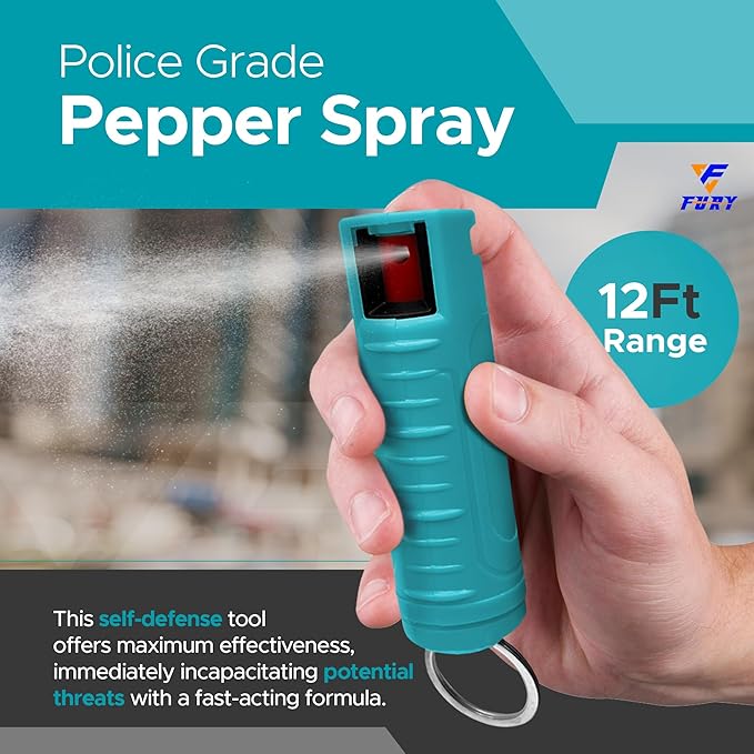 Vaporisateur de défense FURY Hardshell – Portée de 3,6 m, puissance maximale, colorant UV, anti-fuite et anti-déclenchement accidentel, gâchette coulissante, clip ceinture et porte-clés, plusieurs options de couleur