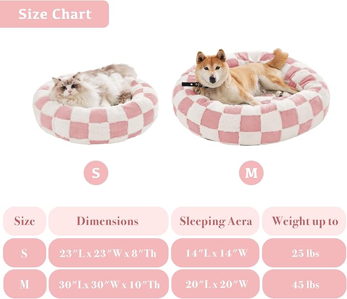 Ohocut Checkered Dog Bed, Cute Girly Pink Retro Style Aesthetic Round Warming Pet Calming Beds for Small Dog and Cats, Plush Cozy Donut Dog Beds Washable, 30" L x 30" W x 8" Th