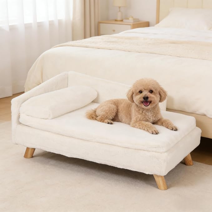 Elevated Dog Bed Couch Sofa: Wooden Dog Chair with Bolster Cushion for Small Dogs Cats Cute Pet Chaise Soft Cushion Washable, 31.7 x 18.9 Inches