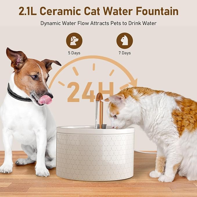 DOOOB Ceramic Cat Water Fountain, 2.1L/71oz Cat Fountain, Automatic Ceramic Water Fountain for Cats, Pet Water Fountain with Ultra-Quiet Pump and 3 Filters & 3 Sponges (Honeycomb Embossed)