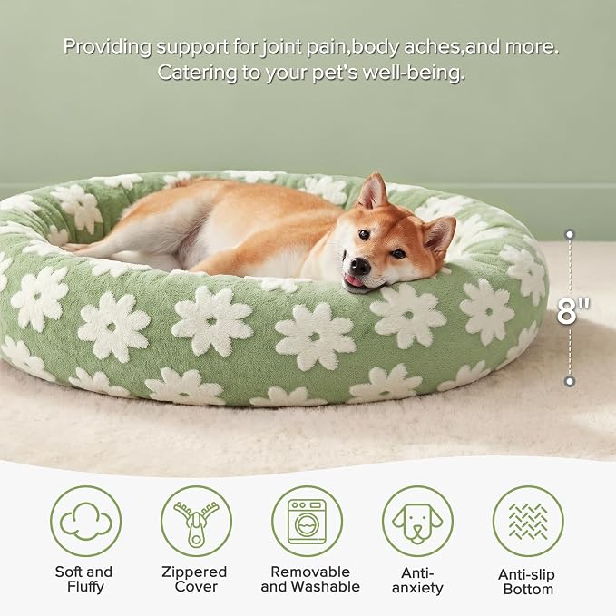 JOEJOY Jacquard Donut Round Dog Beds Large Sized Dog,Green 36x36x8in, Removable Washable Cover, Cute Pattern, Ultra Soft Fluffy Calming Pet Bed with Thick Supportive Bolster