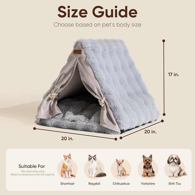 FUKUMARU Cat Cave Bed, Sturdy Frame Washable Cat Tent Bed with Curtain | Semi-Enclosed Cat Hideaway for Anxious Cats, Large Cozy Cat House for Indoor Cats, Soft Plush Covered Dog Bed, Grey