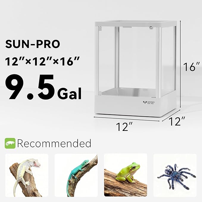 Reptile Terrarium 12"x12"x16" 9.5 Gallon,Aluminum Frame,Full Glass Tank Enclosure for Small Reptiles, Geckos, Frogs, Lizards, Snakes, Spiders, Turtles, Vertical Rainforest Habitat