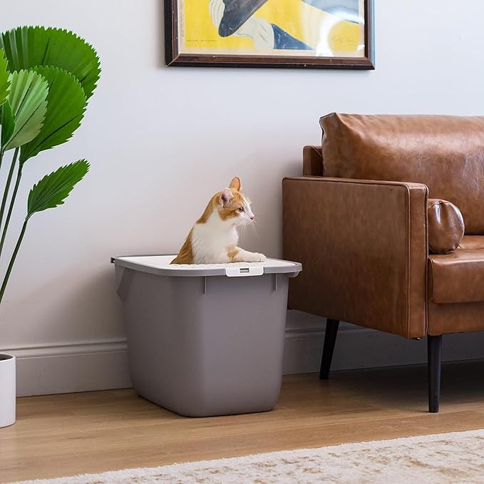 IRIS USA Cat Litter Box Large Top Entry with Lid, Enclosed Litter Box with Litter Catching Lid & Scoop, Covered Cat Litter Box Enclosure for Privacy, High Sided, Gray/White