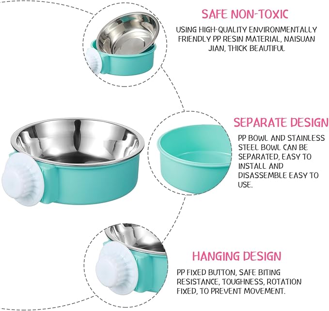 12 Pcs Crate Bowls Bulk Puppy Dog Bowls for Kennel Removable Stainless Steel Crate Water Bowl Kennel Hanging Food Feeders Coop Cup for Cat Puppy Rabbit Birds Ferret Guinea Pigs