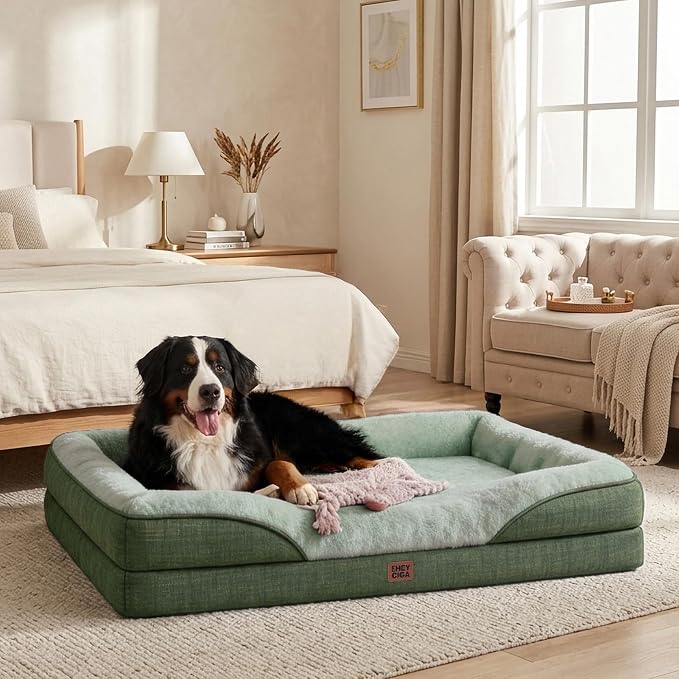 EHEYCIGA Orthopedic Dog Bed for Large Sized Dog, 41x27 Inch Large Memory Foam Dog Couch Bed with Sides, Waterproof Liner & Washable Removable Cover, Bolster Pet Sofa, Green