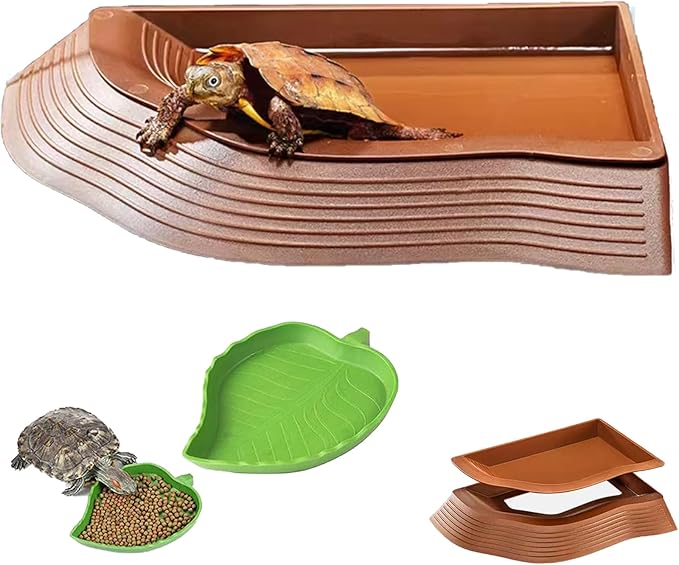 3PCS Tortoise Water Bowls with Ramp Leaf Tortoise Food Dish Reptile Food Water Bowls Reptile Bathing Pool Aquarium Ornament for Gecko, Snake, Turtle, Bearded Dragon, Lizard Small