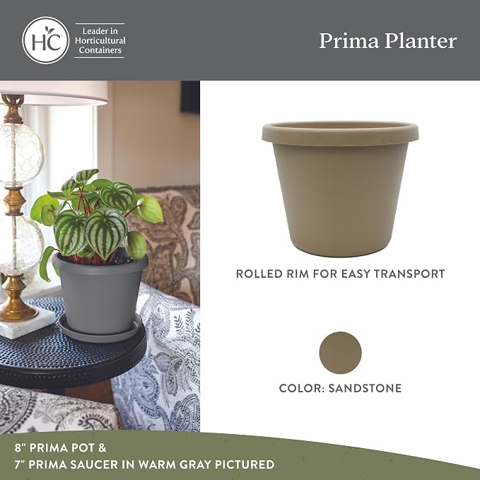 The HC Companies Prima Round Plastic Plant Pot w/Rolled Rim - Lightweight & UV Resistant Flower Pot for Herbs & More - Outdoor & Indoor Plant Pots w/Drainage (8 inch, Sandstone, Pack of 1)