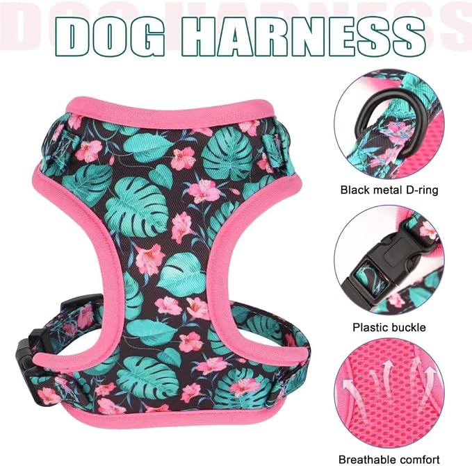 Beirui Cute Dog Collars,Harnesses,Leashes Set, Floral Pattern, Green,XXS | Girl Dog Harness Set with Flower, Adjustable and Soft Mesh Lining, For Puppies Small & Extra Small Dogs Daily Walks