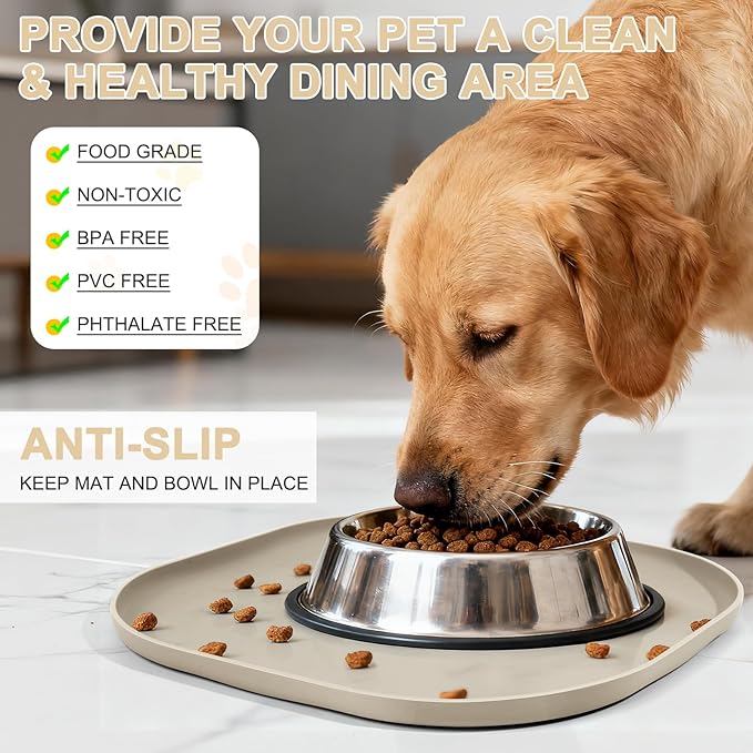 SMILOOL Waterproof Silicone Pet Food Mat with Raised Edge for Dog & Cat | 12" x 12" Non-Slip Small Pet Feeding Mats with Lip for Food & Water Bowl, Food Grade, Easy Cleaning, Beige