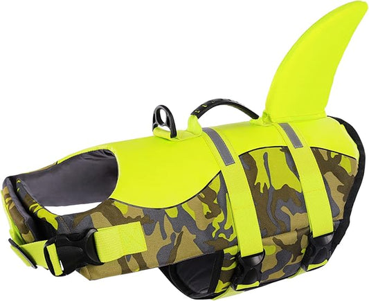 Dog Life Jacket,Dog Life Vest for Swimming,Dog Shark Life Jacket with Rescue Handle,Adjustable Reflective Dog Life Preserver for Medium Dog,Camouflage M