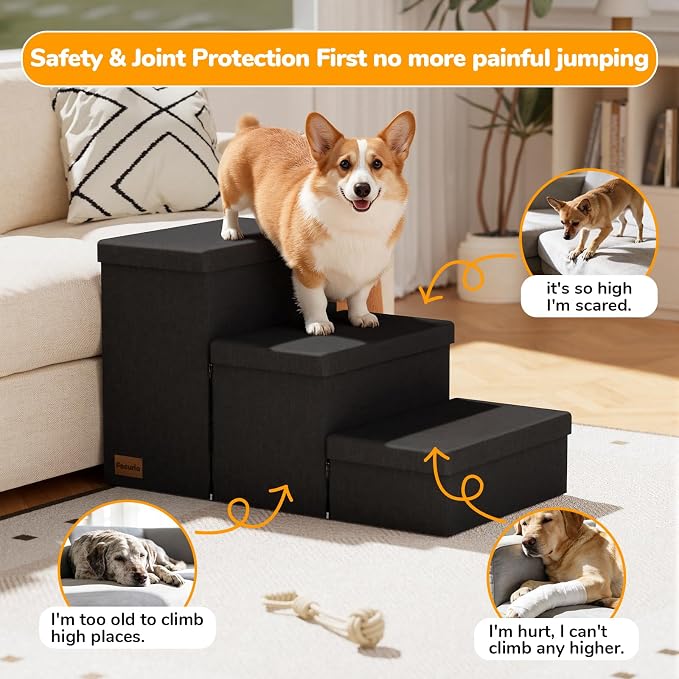 3-Step Wide Dog Stairs with Storage 18" H, Non-Slip Sturdy Pet Steps for High Bed Couch Window, Pet Stairs for Small/Medium/Large Old Dogs Cats Up to 200lbs, Cat Dog Steps for Car/SUV, Black