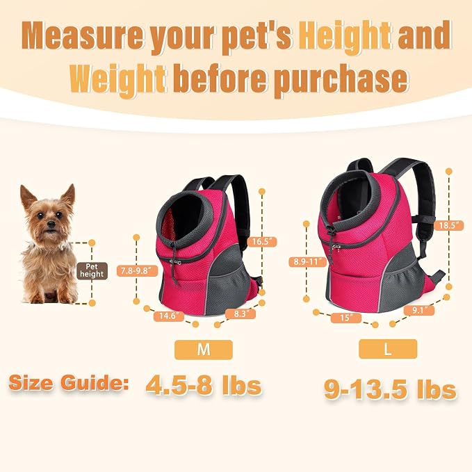 YUDODO Dog Front Carrier Backpack, Adjustable Breathable Dog Backpack | Ventilated, Safety Belt, Lightweight, Reflective Strip, Pocket Storage, For Walking Hiking Outdoor, Rose, M