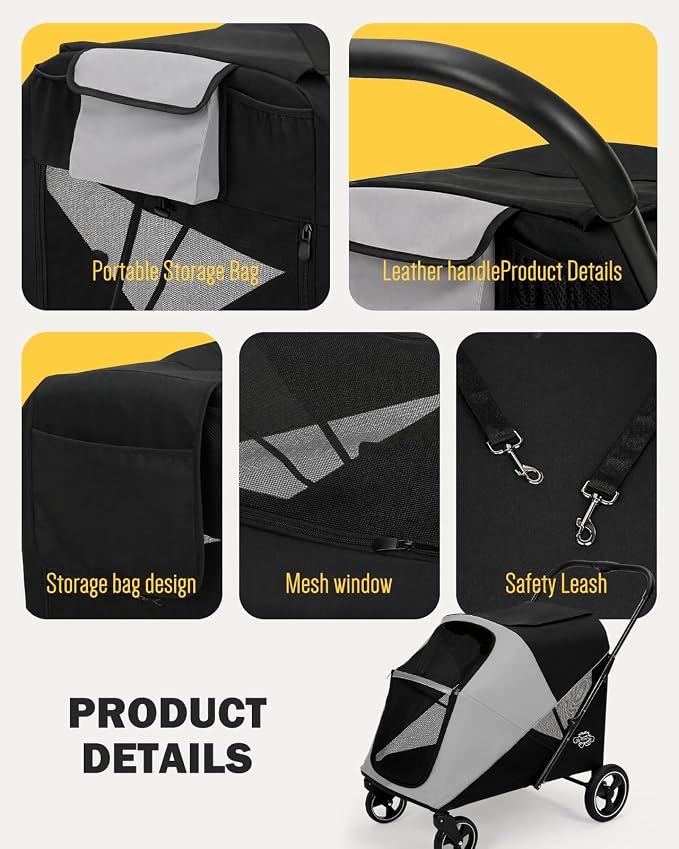 Dog Stroller for Large & Medium Dogs, 4 Wheels Pet Stroller for Large Dogs up to 120lbs, Extra Large Dog Stroller with Foldable Design, Sun Shades, Storage Pocket, Breathable Mesh