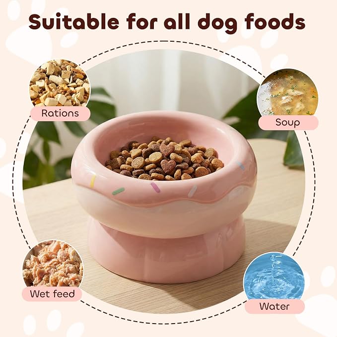 Donut Duo Ceramic Dog Bowl, Dog Water Bowl and Dog Food Bowl, Pet Bowls (Pink)