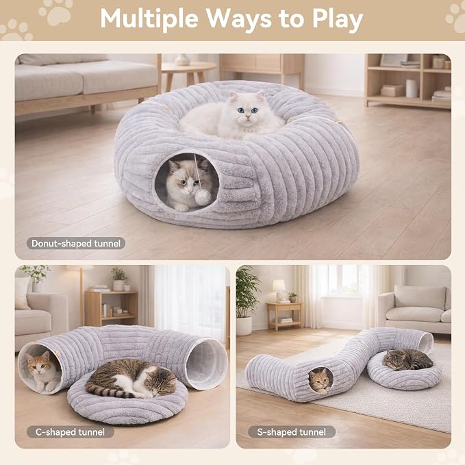 Dogpals Cat Tunnel Bed Cave 33" Lx10 Wx10 H for Indoor Cats(Grey) | Washable Cozy Cushion, Soft Striped Plush Fabric, Hideaway Peekaboo Cave for Kittens, Puppies, Rabbits & Small Pets