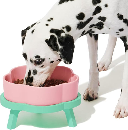 VETRESKA Elevated Dog Bowls Large Breed, 40 oz Ceramic Raised Dog Bowl | Flower-Shaped Food Water Bowl with Bamboo Stand, Feeding Dish Bowls for Medium/Large Dogs and Cats