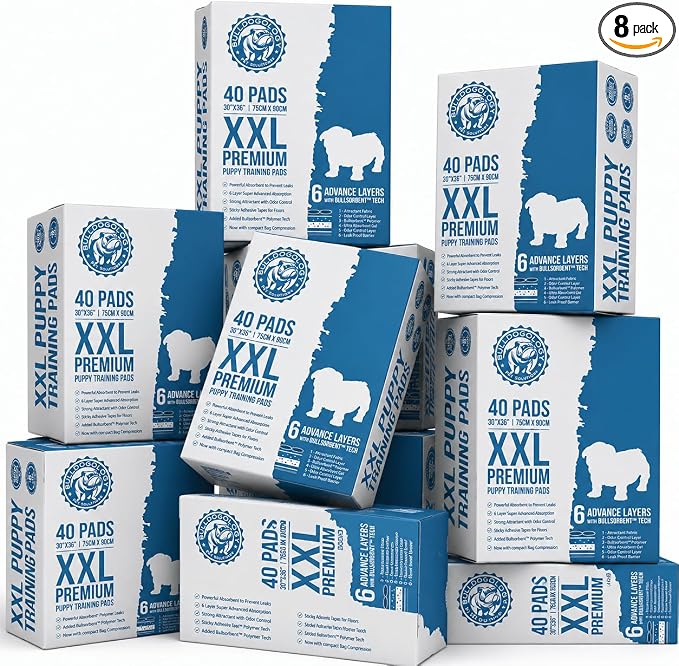 Bulldogology Premium XXL Puppy Pee Pads with Adhesive Sticky Tape Extra Large Dog Training Wee Pads 6 Layer Absorbent Bullsorbent Technology White 320 Count 30 x 36