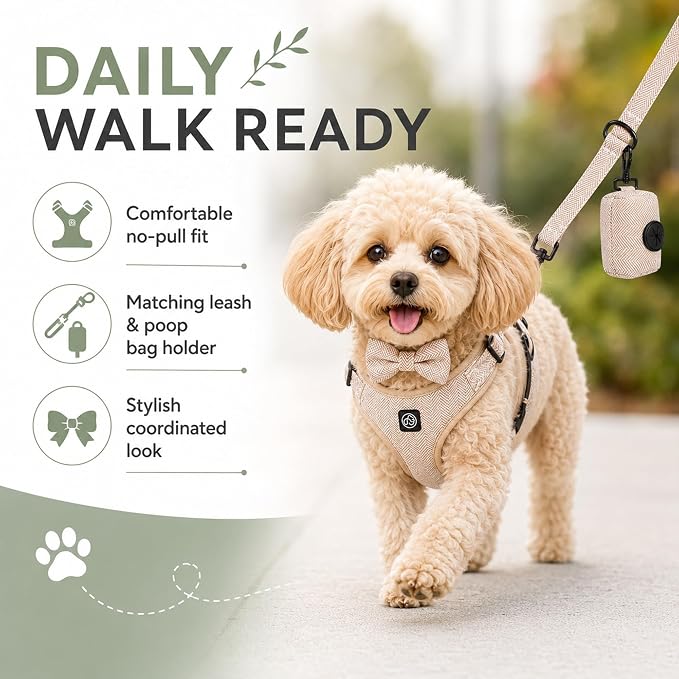 EVERKING 5-Piece Dog Travel Set, Adjustable Harness, Leash, Collar, Poop Bags, Bowtie for Small Medium Dogs, Beige, Breathable No-Pull Design (Beige, M)