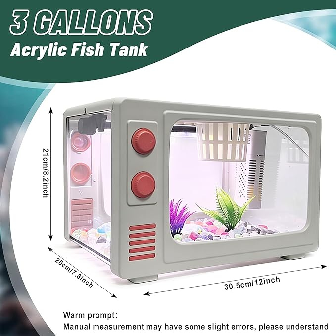 2.5 Gallon Fish Tank Aquarium Kit with LED Lights, Filter & Plant Planter - Retro TV Shaped Design Desktop Water Garden for Betta/Goldfish (White - 2.5 Gallon)