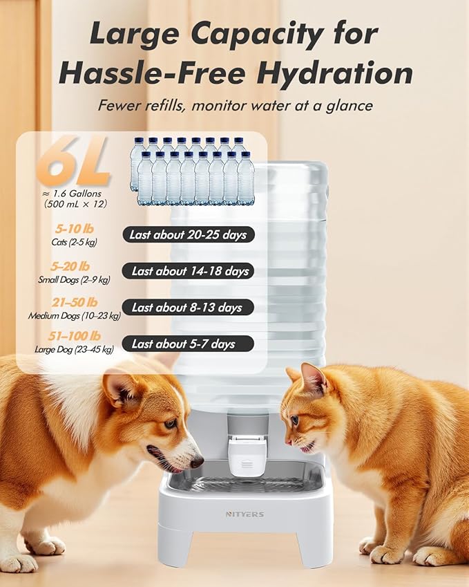 Automatic Dog Water Bowl Dispenser with Patented Faucet - 6L Large Gravity Cat Water Dispenser with Handle, Filter & Adjustable Base, Wide Mouth for Easy Clean, BPA-Free, Stainless Steel Pet Waterer