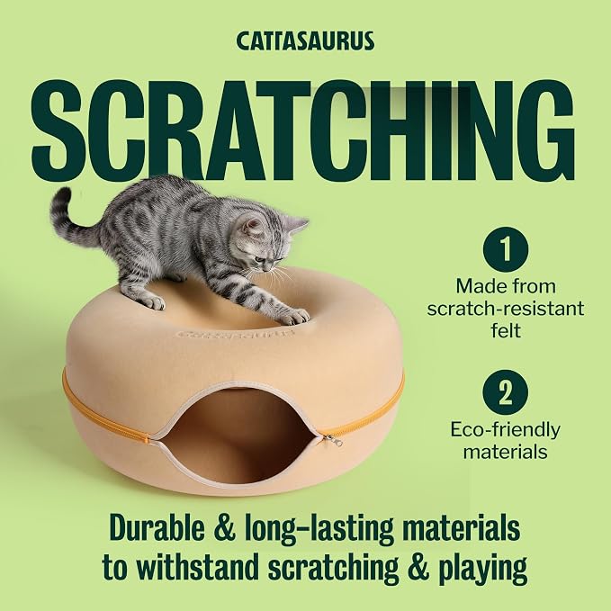 Peekaboo Cat Cave Donut for Multiple & Large Cats up to 30-45 lbs, 3-in-1 Self Warming Cat Bed, Tunnel & Scratcher for Indoor Cats, Washable & Detachable Dog Bed (Pastel Macaron, Large)