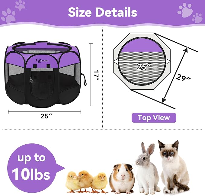 Siedihit Dog Cat Playpen, Puppy Pet Playpen, Small Dogs Tent Crates Cage | Indoor/Outdoor, Portable Pop Up Dog Kennel Playpen with Carrying Case for Dogs/Cats/Rabbits,Purple