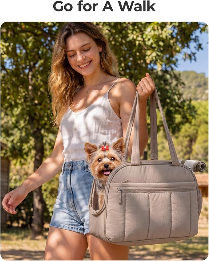 BAGSMART Dog Purse Carrier for Small Dogs Up to 13lbs Puppy Travel Tote Bag | Quilted Puffy Soft Sided Pet Handbag with Pockets, Collapsible Lightweight Portable with Safety Tether & Mat, Coffee brown