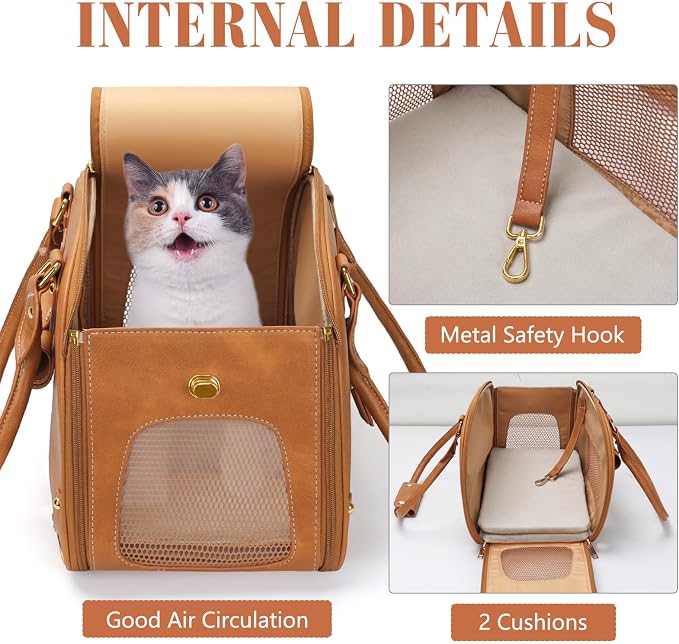 Dog Carrier Purse, Pet Carrier, Foldable Waterproof Premium PU Leather Pet Travel Portable Bag Carrier for Cat and Small Dog Home & Outdoor Small Brown