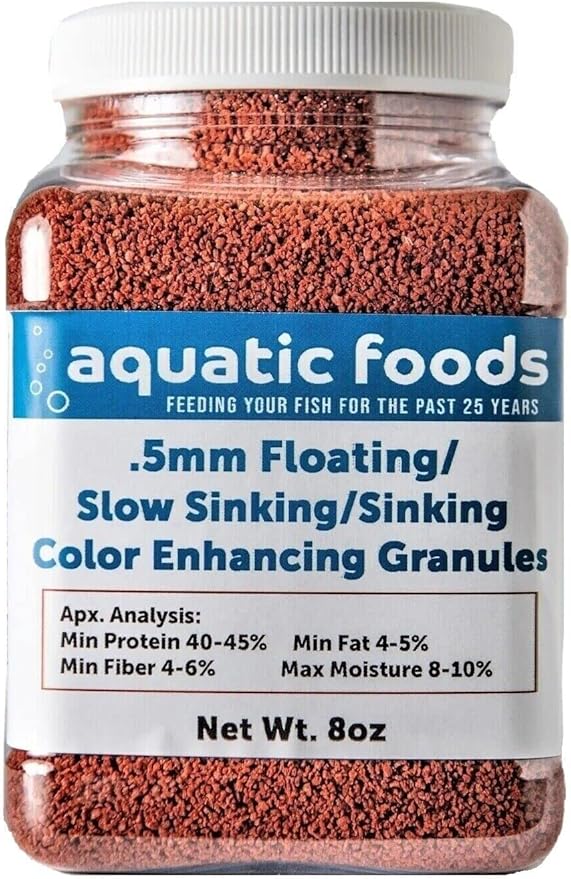 Aquatic Foods Inc. .5mm Floating/Slow Sinking/Sinking Color Enhancing Micro Granules for Discus, Cichlids All Tropicals, Koi and Pond Fish…8oz Small Jar