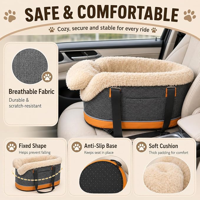 Pet Car Center Console Elevated Armrest Car Seat for Small Puppy, Dogs & Cats (Up to 10 lbs) – Dark Gray Washable Plush Carrier with Safety Leash, Fits Front Vehicle Console Space (Dark Grey)