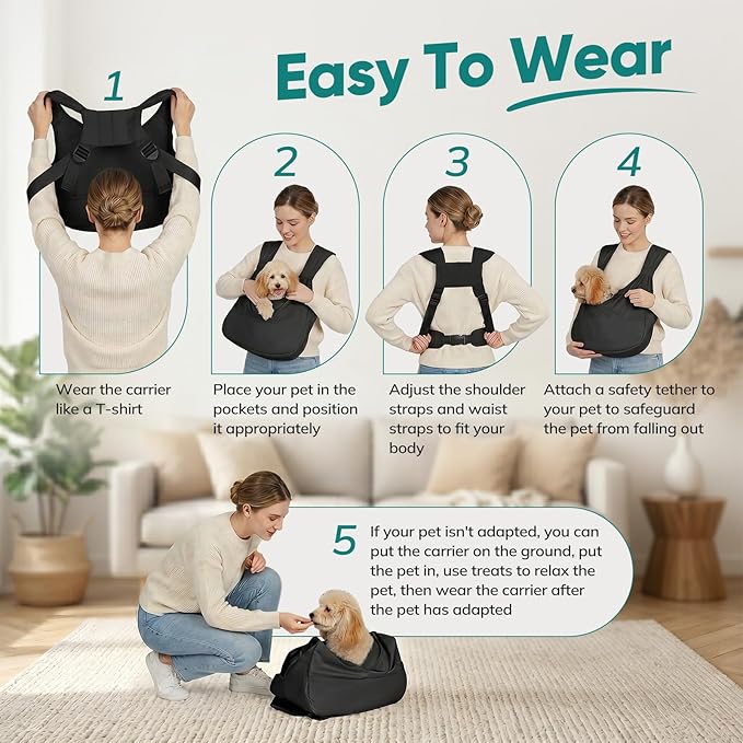 Dog Sling Carrier Front with Thicken Bottom Support for Small Dogs 5-12 lb | Adjustable, Hands Free, Comfortable Wearable, Lightweight, Vet Visits, Anxiety, Travel, Hiking, Safety Clip Black